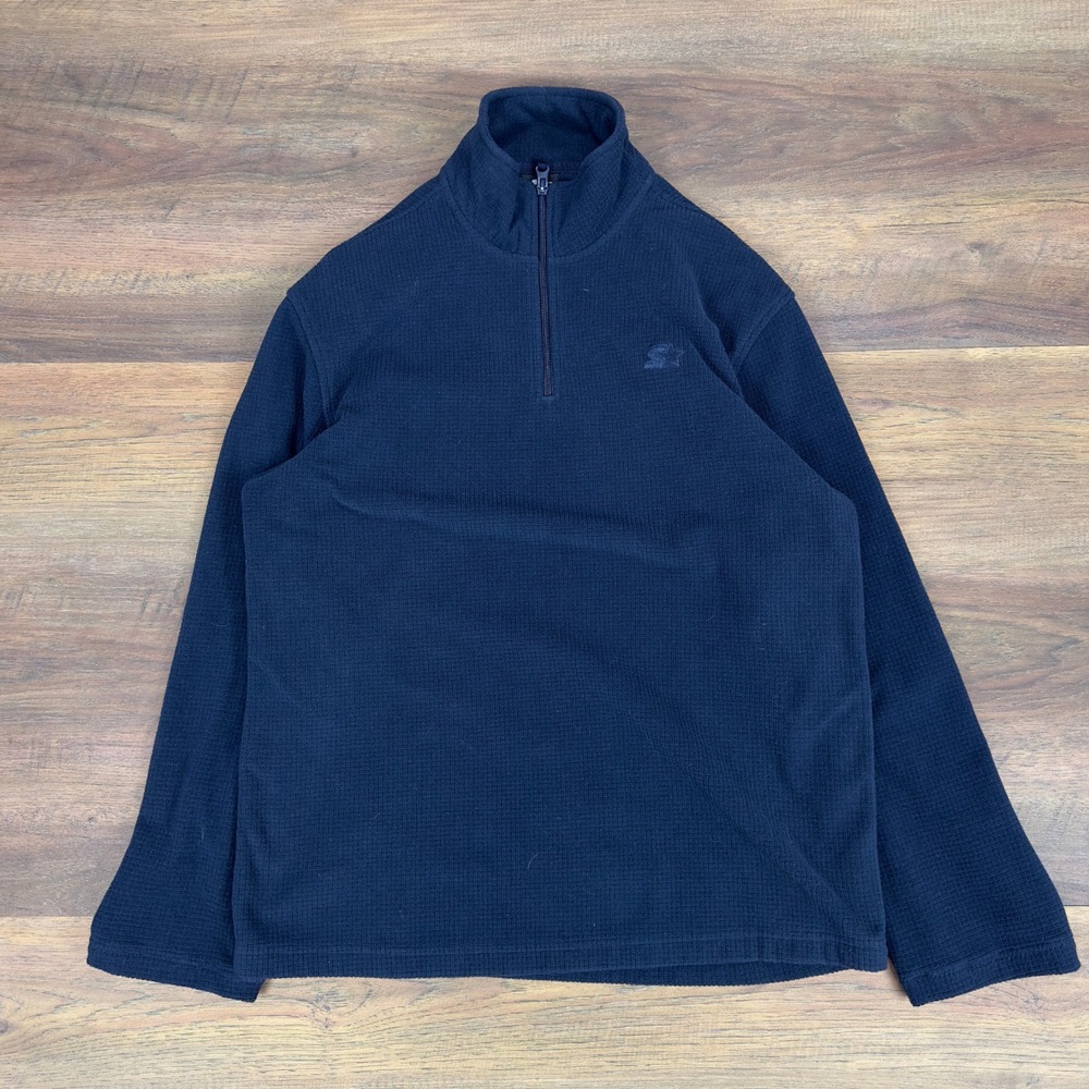 Starter Men Navy Blue Grid Fleece Quarter Zip Pullover Vintage 90s Relaxed Fit S